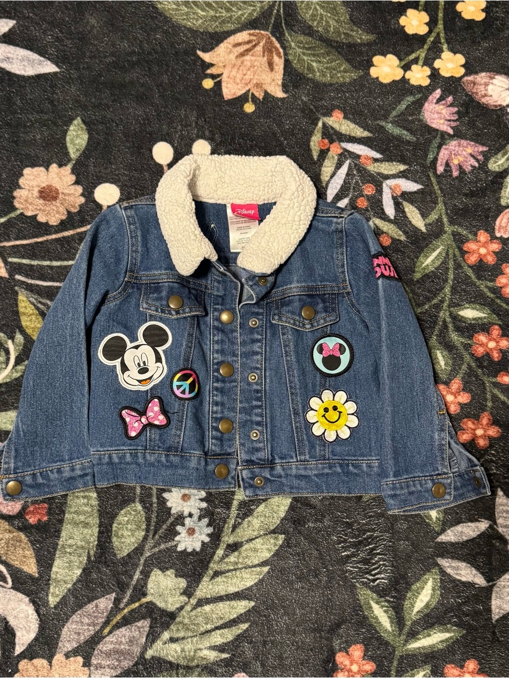 Disney Blue Denim Jacket with Cream Sherpa Collar and Playful Patches